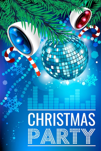 Disco ball speakers pine branches fir trees vector template for a christmas party poster