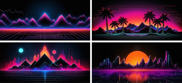 Vector disco galaxy grid neon toekomst futuristische muziek palm wave elektronische poster paars feest spel