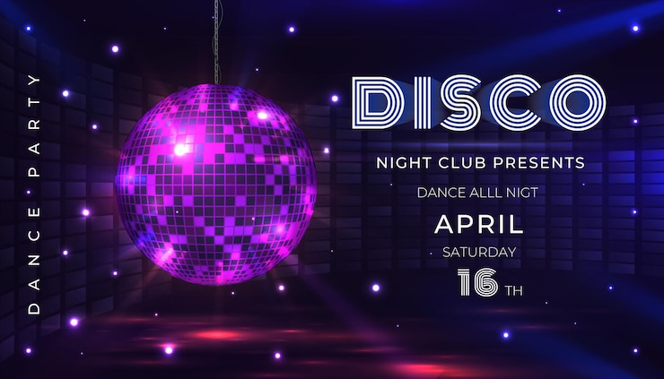 Vector disco partij poster. dans- en muziekavondfeestflyer met discobal uit de jaren 80 en lichteffecten. vectorillustratie uitnodigen op glamourviering met de banner van de spiegelbol