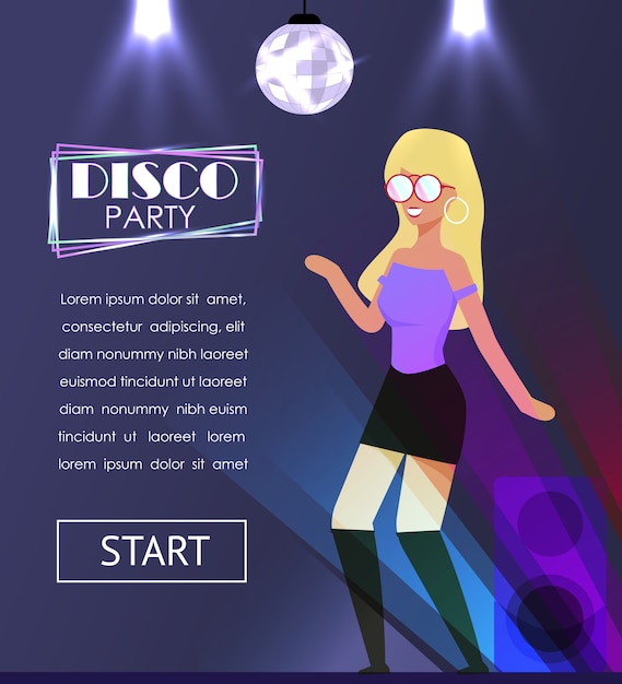 Vector disco party banner met dansende mooie blonde vrouw