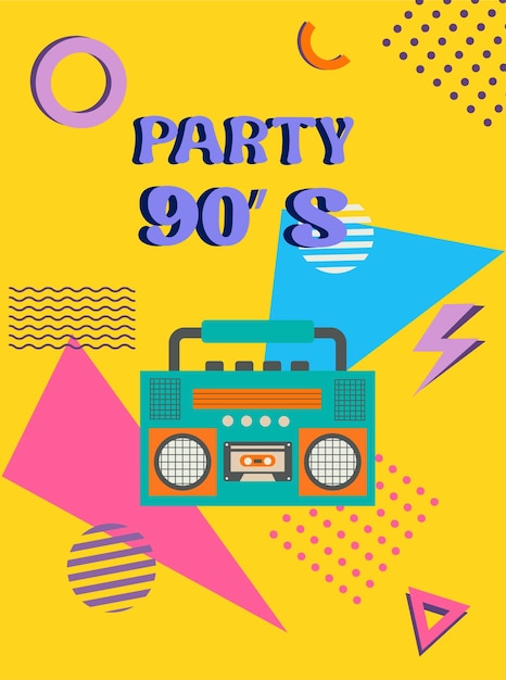 Disco party banner retro muziek poster s radio en cassettespeler funky kleurrijk ontwerp memphis