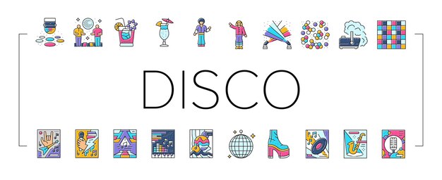 Disco party music night dance icons set vector