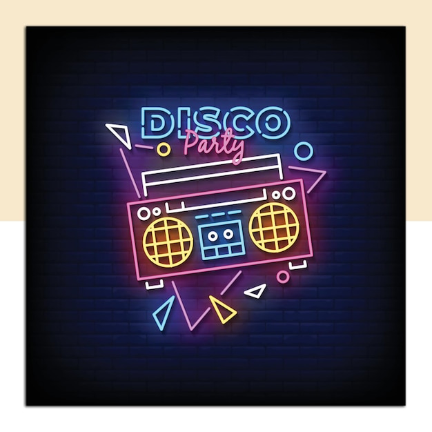 Disco party neon bord op bakstenen muur achtergrond vector
