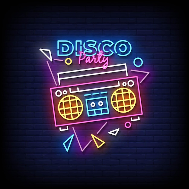 Vector disco party neon sign on brick wall background vector