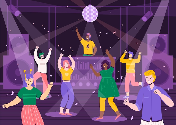 Vector disco party people men and women have fun on dance floor musical night club cartoon guys or girls dancing at discotheque dj at remote control playing music vector entertainment concept