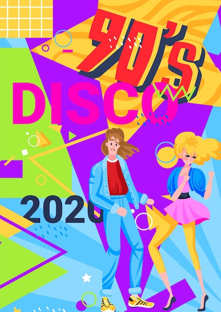 Disco retro sjabloon meisje jongen bericht banner partij moderne muziek posterontwerp in cartoon stijl