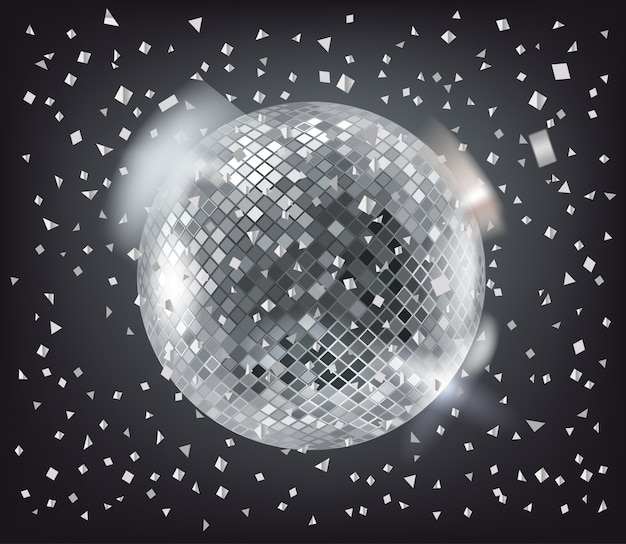 Disco sphere and silver confetti on dark 