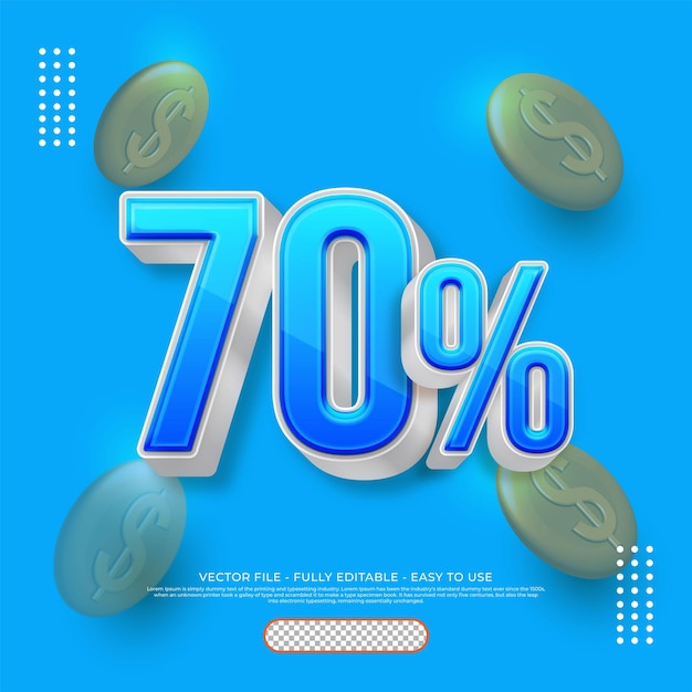 Vector discount 3d vector number 70 percentage with transparent gradient blue color