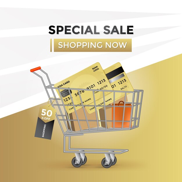 Vector discount 50 percent off via visa card with shopping cart vector illustration
