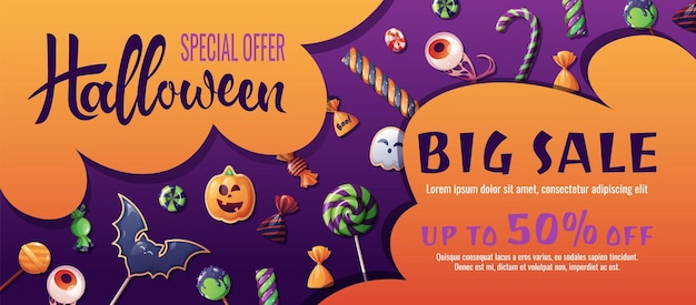 Discount banner design with sweets and cookies Halloween sale discount voucher Template for banner poster flyer advertisement