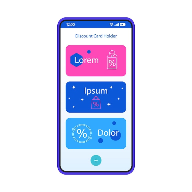 Modello di vettore dell'interfaccia dello smartphone del titolare della carta di sconto. layout di design blu della pagina dell'app mobile. schermo del portafoglio elettronico. interfaccia utente piatta per l'applicazione. shopping, vendita, carte premio. display del telefono