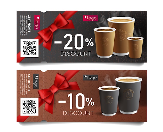 Vector discount card or voucher template design for cafe with coffee cups illustrations