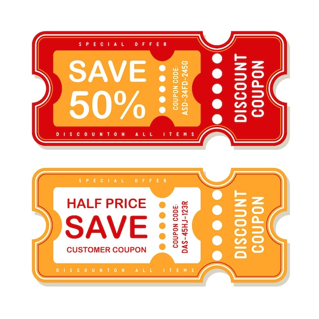 Vector discount coupon half price offer promo code gift voucher and coupons template premium special price offers sale coupon or best promo retail pricing vouchers isolated vector icons set