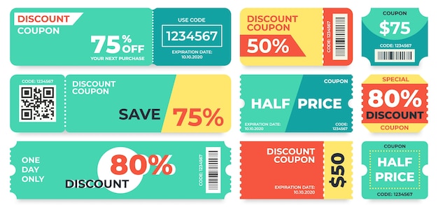 Discount coupon. Half price offer, promo code gift voucher and coupons template