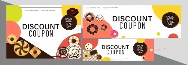 Vector discount coupon set on snacks