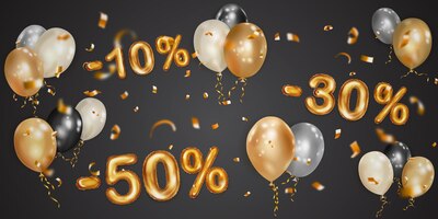 Vector discount creative illustration with white black and gold helium flying balloons and golden foil numbers 10 30 50 percent off sale poster with special offer on black background