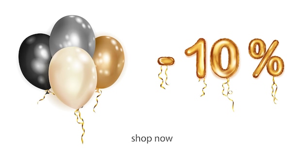 Discount creative illustration with white black and gold helium flying balloons and golden foil numbers 10 percent off Sale poster with special offer on white background