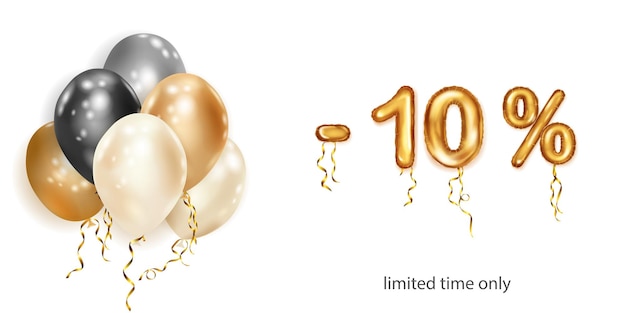 Vettore sconto illustrazione creativa con palloncini volanti con elio bianco nero e oro e numeri in lamina d'oro con uno sconto del 10% poster di vendita con offerta speciale su sfondo bianco