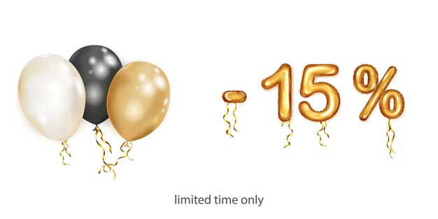 Discount creative illustration with white black and gold helium flying balloons and golden foil numbers 15 percent off Sale poster with special offer on white background