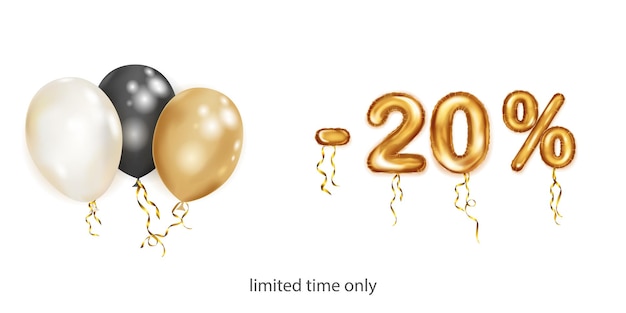 Discount creative illustration with white black and gold helium flying balloons and golden foil numbers 20 percent off Sale poster with special offer on white background