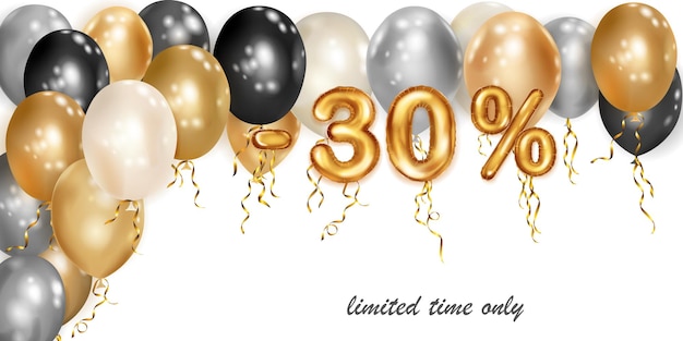 Vettore sconto illustrazione creativa con palloncini volanti con elio bianco nero e oro e numeri in lamina d'oro con uno sconto del 30 percento poster di vendita con offerta speciale su sfondo bianco