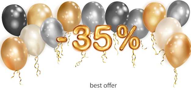 Discount creative illustration with white black and gold helium flying balloons and golden foil numbers 35 percent off Sale poster with special offer on white background