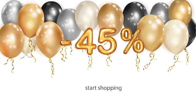 Discount creative illustration with white black and gold helium flying balloons and golden foil numbers 45 percent off Sale poster with special offer on white background