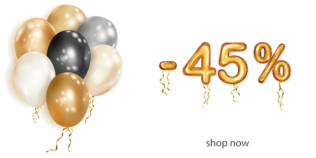 Discount creative illustration with white black and gold helium flying balloons and golden foil numbers 45 percent off Sale poster with special offer on white background
