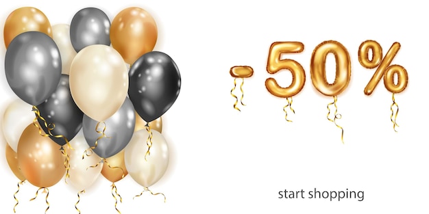 Vettore sconto illustrazione creativa con palloncini volanti con elio bianco nero e oro e numeri in lamina d'oro con uno sconto del 50 percento poster di vendita con offerta speciale su sfondo bianco