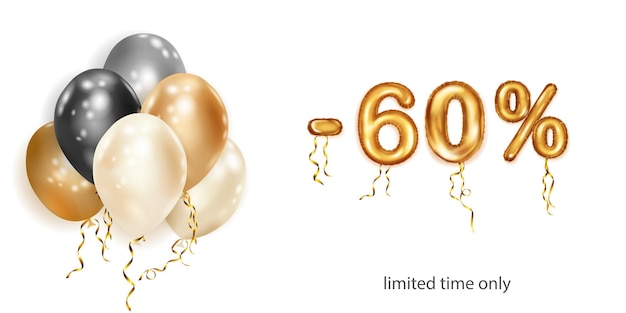 Скидка на творческую иллюстрацию с белыми черными и золотыми гелиевыми летающими шарами и цифрами из золотой фольги Скидка 60% на рекламный плакат со специальным предложением на белом фоне
