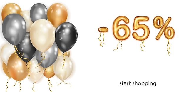 Vector discount creative illustration with white black and gold helium flying balloons and golden foil numbers 65 percent off sale poster with special offer on white background