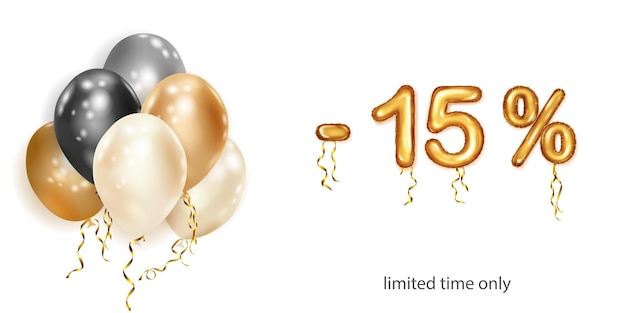 Discount creative illustration with white black and gold helium flying balloons and golden foil numbers 90 percent off Sale poster with special offer on white background