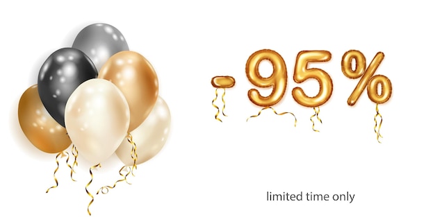 Discount creative illustration with white black and gold helium flying balloons and golden foil numbers 95 percent off Sale poster with special offer on white background
