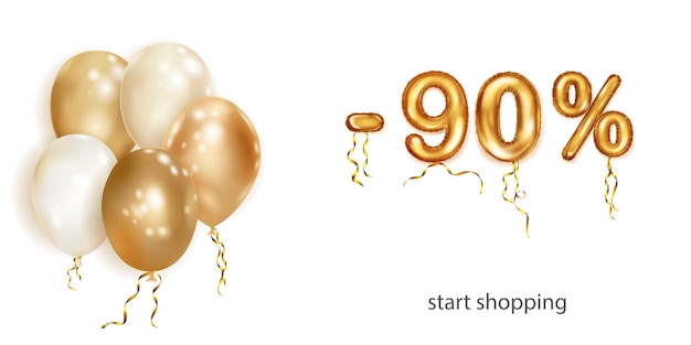 Discount creative illustration with white and gold helium flying balloons and golden foil numbers 90 percent off Sale poster with special offer on white background