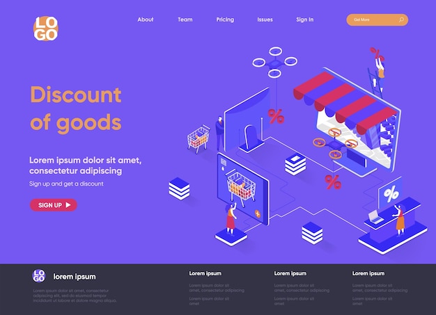 Vector discount of goods 3d isometric landing page website   illustration with people characters