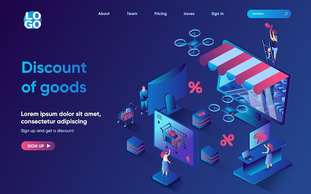 Discount of goods concept isometric landing page customers looking for best offers prices shopping