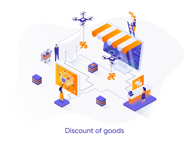 Discount of goods isometric   illustration with people characters