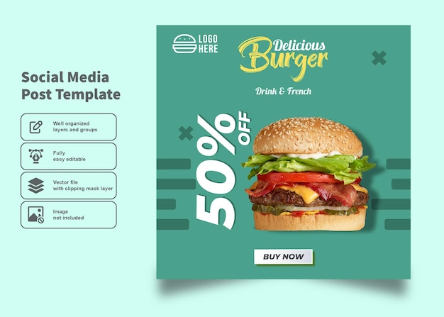 소셜 미디어 포스트 템플릿을 위한 햄버거 전단지 및 포스터 디자인 할인 제공