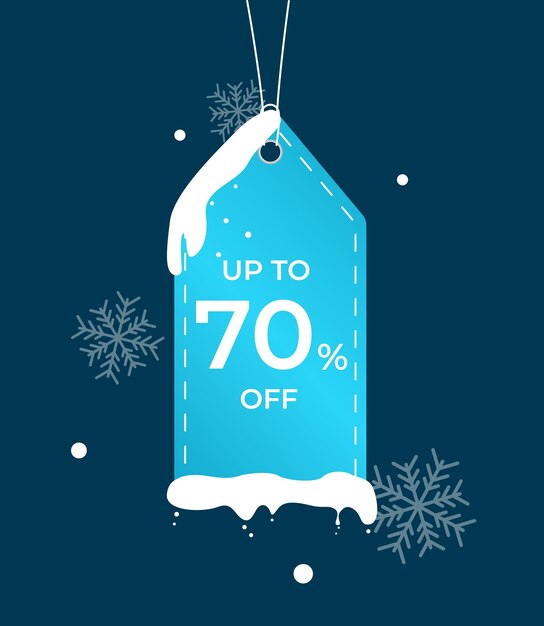 Discount offer tag icon Up to 70 percent off Sale winter label wirh snow New year sale concept Special offer composition Vector business object concept