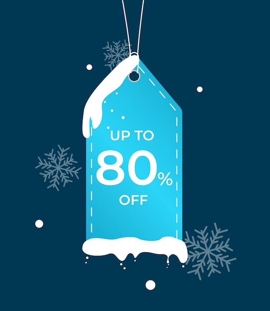 Discount offer tag icon Up to 80 percent off Sale winter label wirh snow New year sale concept Special offer composition Vector business object concept