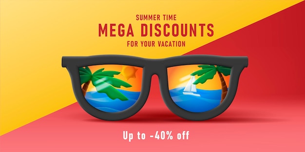 Poster di sconto con illustrazione di occhiali da sole 3d con riflesso di palme e spiaggia