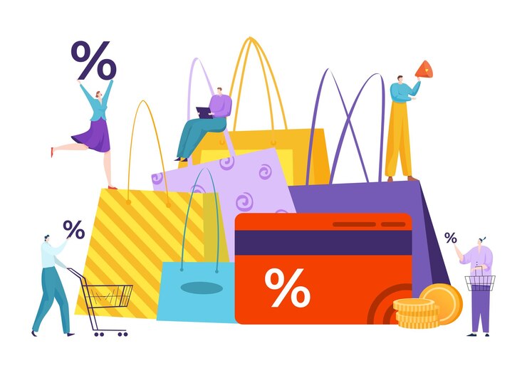 Discount reward promotional loyalty program card tiny character online shopping clearance sale flat