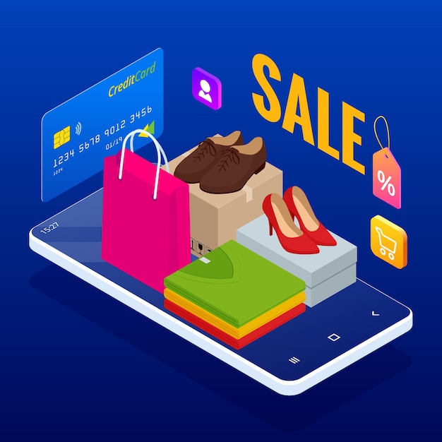 Sconto vendita pagamento mobile o concetto di trasferimento di denaro mercato e-commerce isometrico shopping online