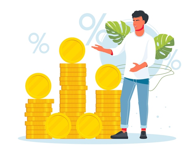 Discount, sale. Salesperson advertises discounts. Banker offering loan. Investor, entrepreneur getting income. Man standing with heap of cash coins. Financial success, profit, business concept. Vector