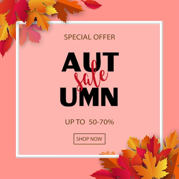 Vettore stagione di sconto con banner di vendita autunnale o autunnale su sfondo di foglie colorate, illustrazione vettoriale