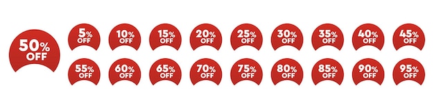 Vector discount stickers with different percentage off discount from 5 off to 95 off vector sale badge collection isolated on white