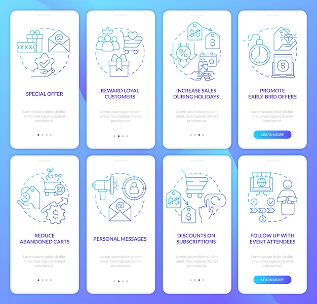 Set di schermate dell'app mobile per l'onboarding del gradiente blu della strategia di sconto