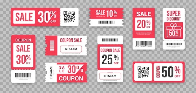 Vector discount tickets sale marketing promotion collection ribbed lottery paper coupon design mockups with barcode tearoff qrcode templates with reduced price vector set in red and white colors