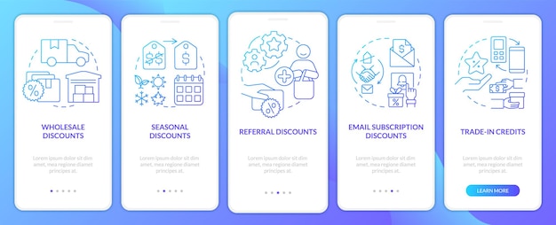 Discount types blue gradient onboarding mobile app screen