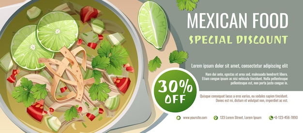 ベクトル 割引券メキシコ料理テンプレート デザイン ライム スープとトマトのクーポン バナー ポスター チラシ
